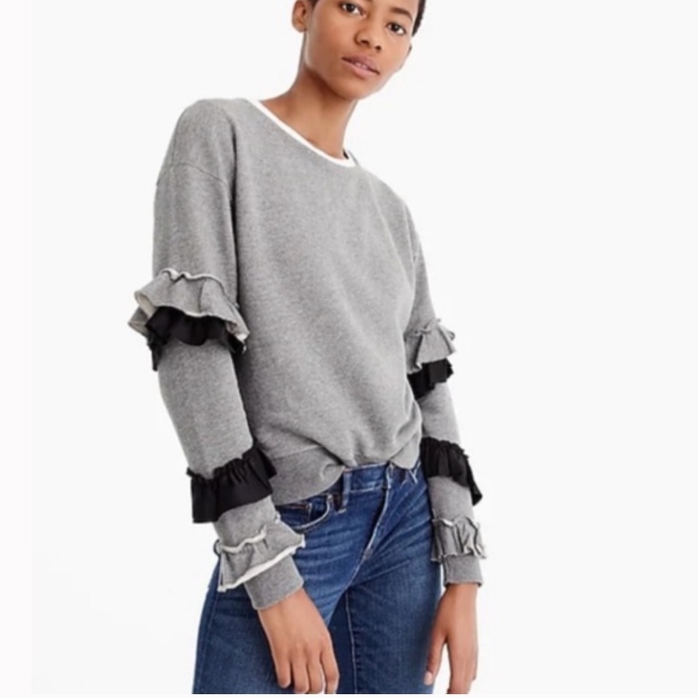 J. CREW Heather Gray/Black Ruffle Sleeve SOFT! Sweatshirt Top Size M